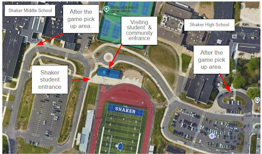 An overhead image of the Shaker High School football field with entrances labeled for specific spectator entrances.