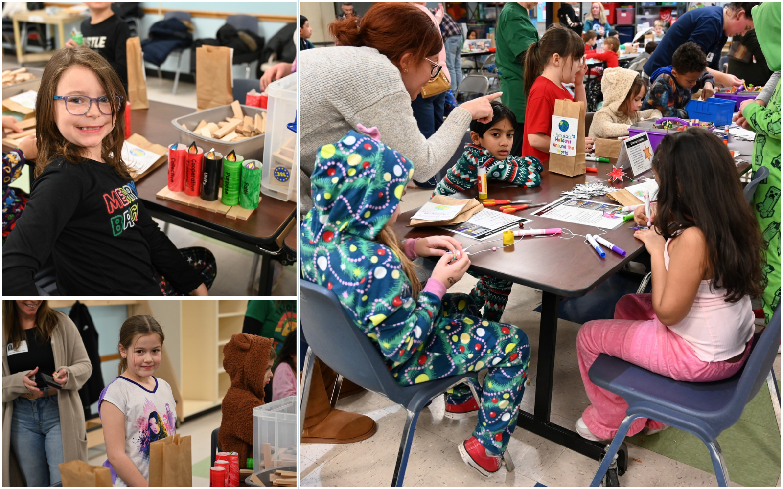 Elementary School student gets his hand painted during classroom art activity.