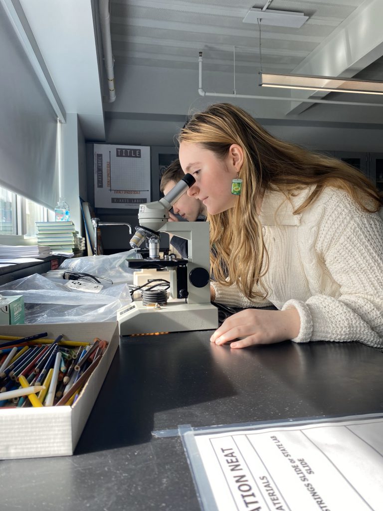 An image of a student looking through a microscope.