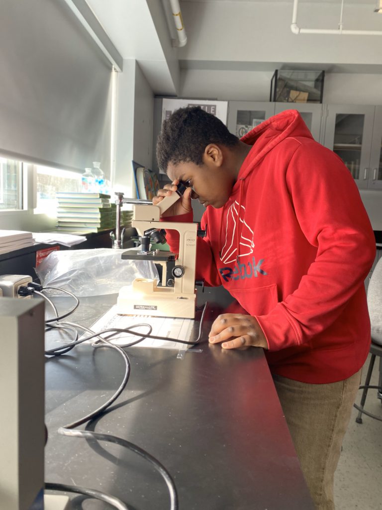 An image of a student looking into a microscope.