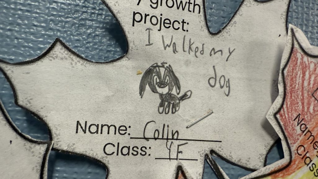 An image of a piece of paper with a drawing of a dog that says, "I walked my dog."